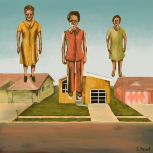 Three women in stylish, mid-century inspired outfits hover in the air over a suburban street.