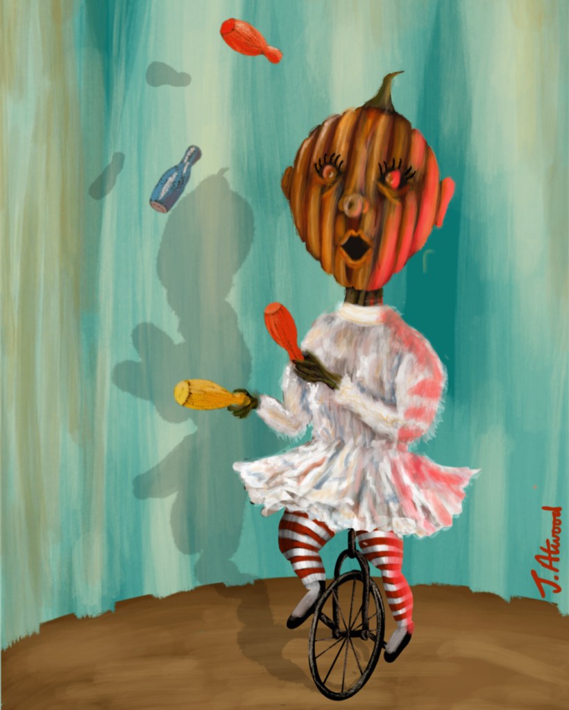 A girl with a pumpkin head rides a unicycle and juggles bowling pins.